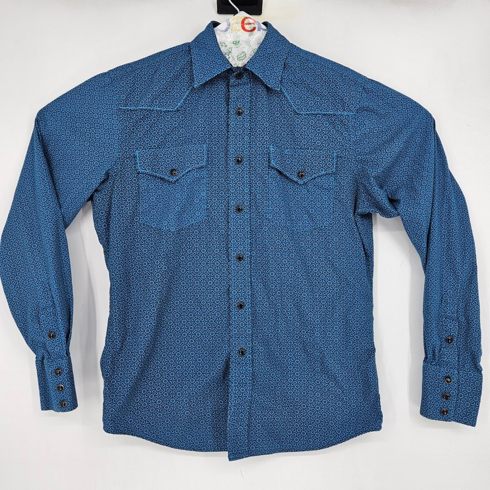 Rodeo‎ Clothing Shirt Mens Small Geometric Blue Pearl Snap Western Long Sleeve